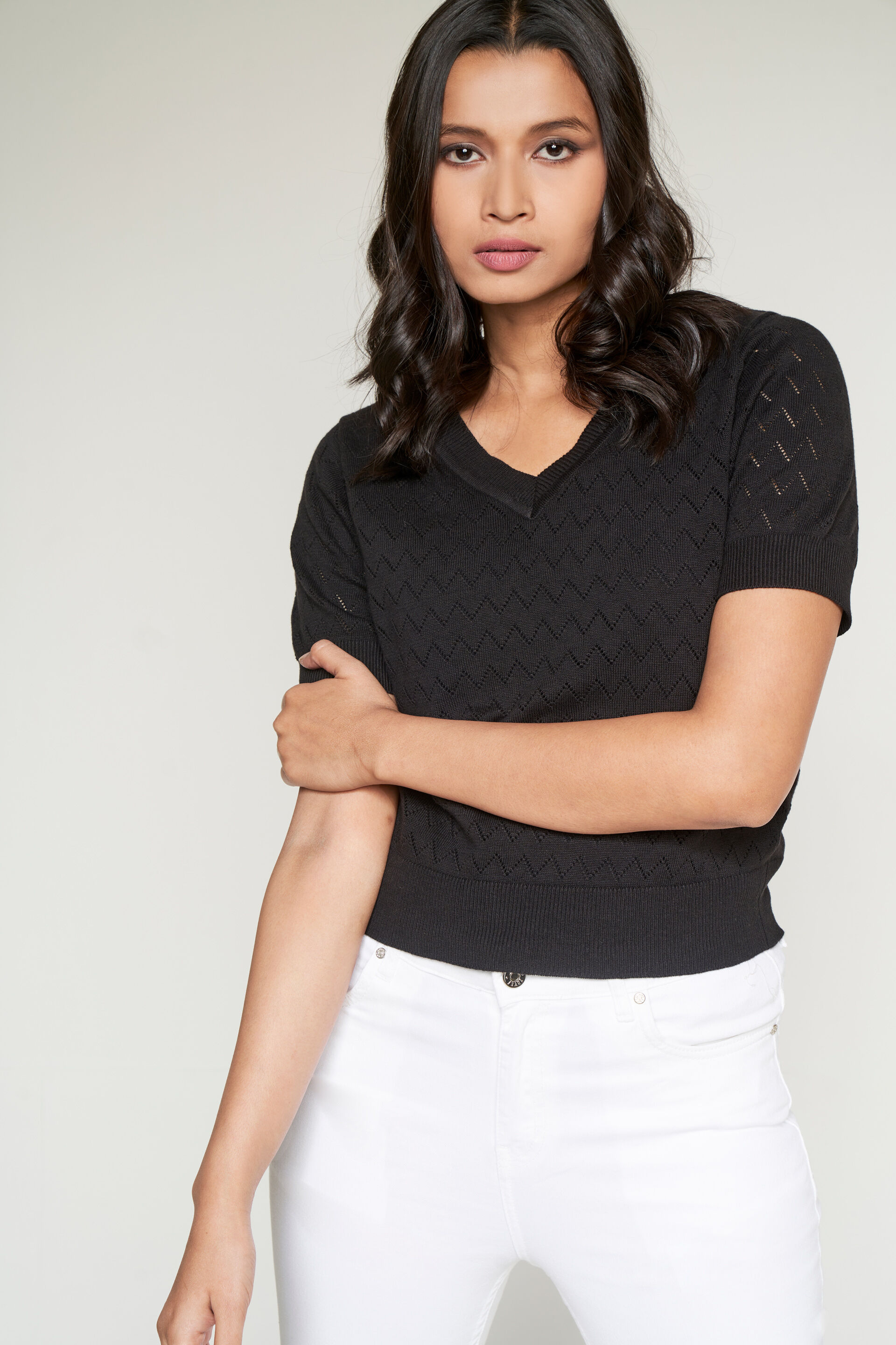 Black Self Design Straight Top, Black, image 3